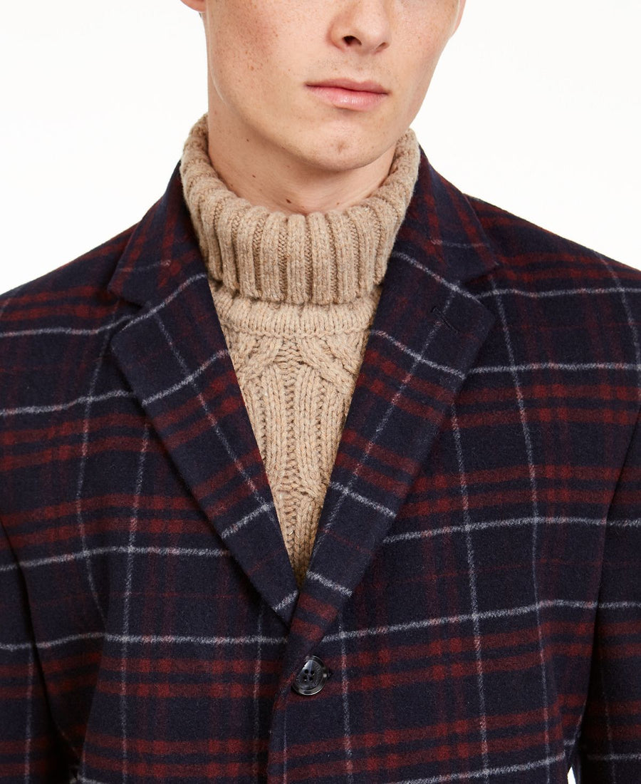 Tommy Hilfiger Modern-fit Performance Stretch Flex Plaid Addison Overcoat Red Blue Plaid