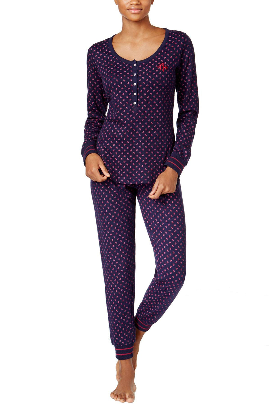 Tommy Hilfiger Navy/Roses Thermal Henley Top And Pant PJ Set