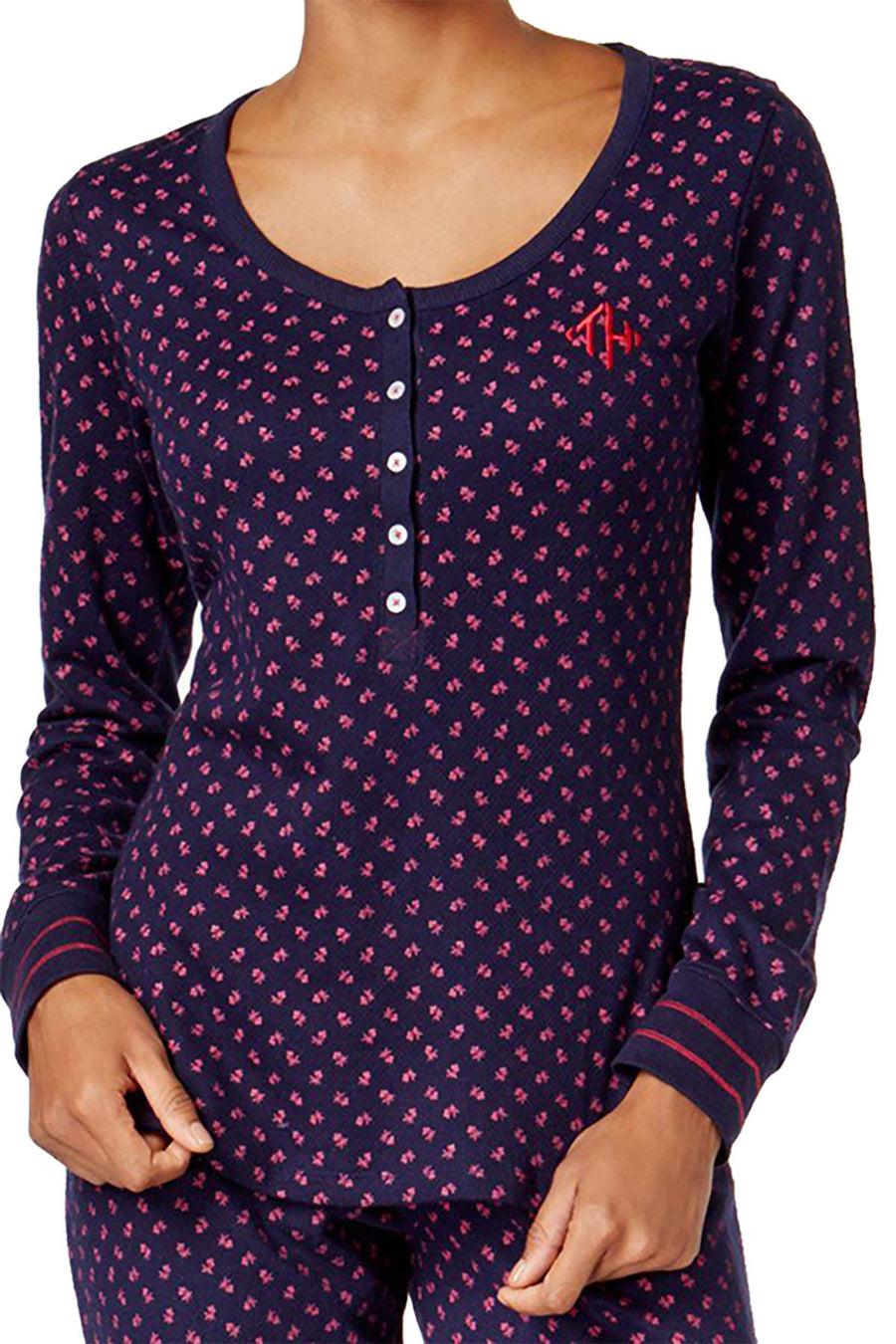 Tommy Hilfiger Navy/Roses Thermal Henley Top And Pant PJ Set