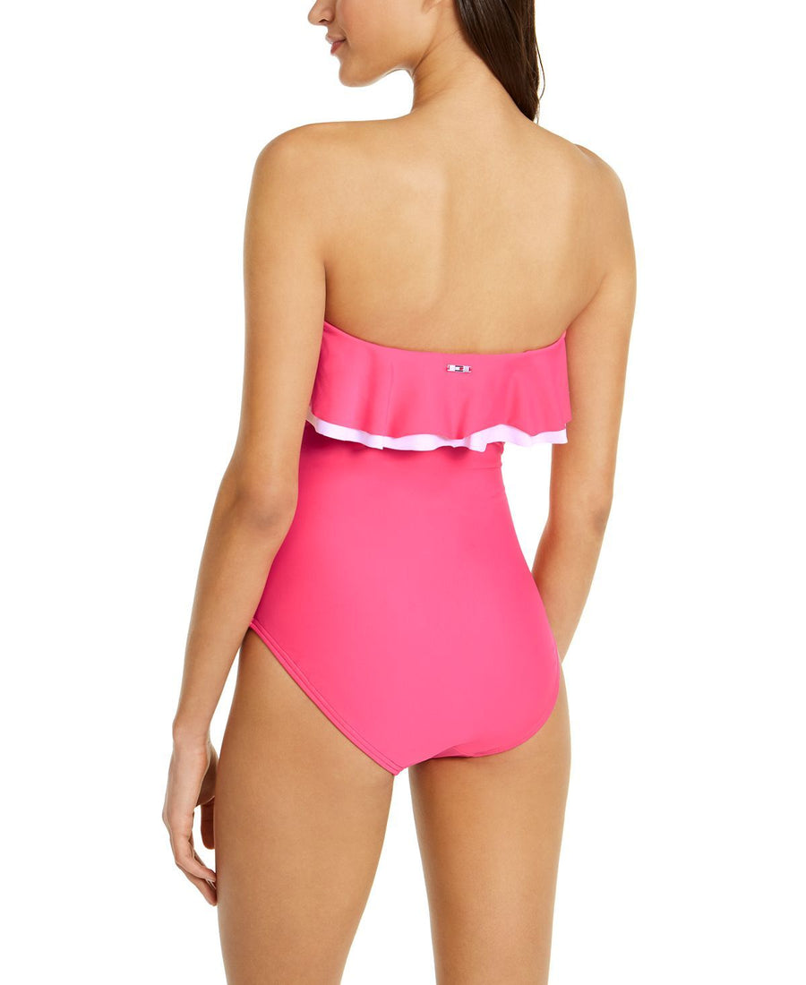 Tommy Hilfiger Solid Ruffle Strapless One-piece Swimsuit Pink