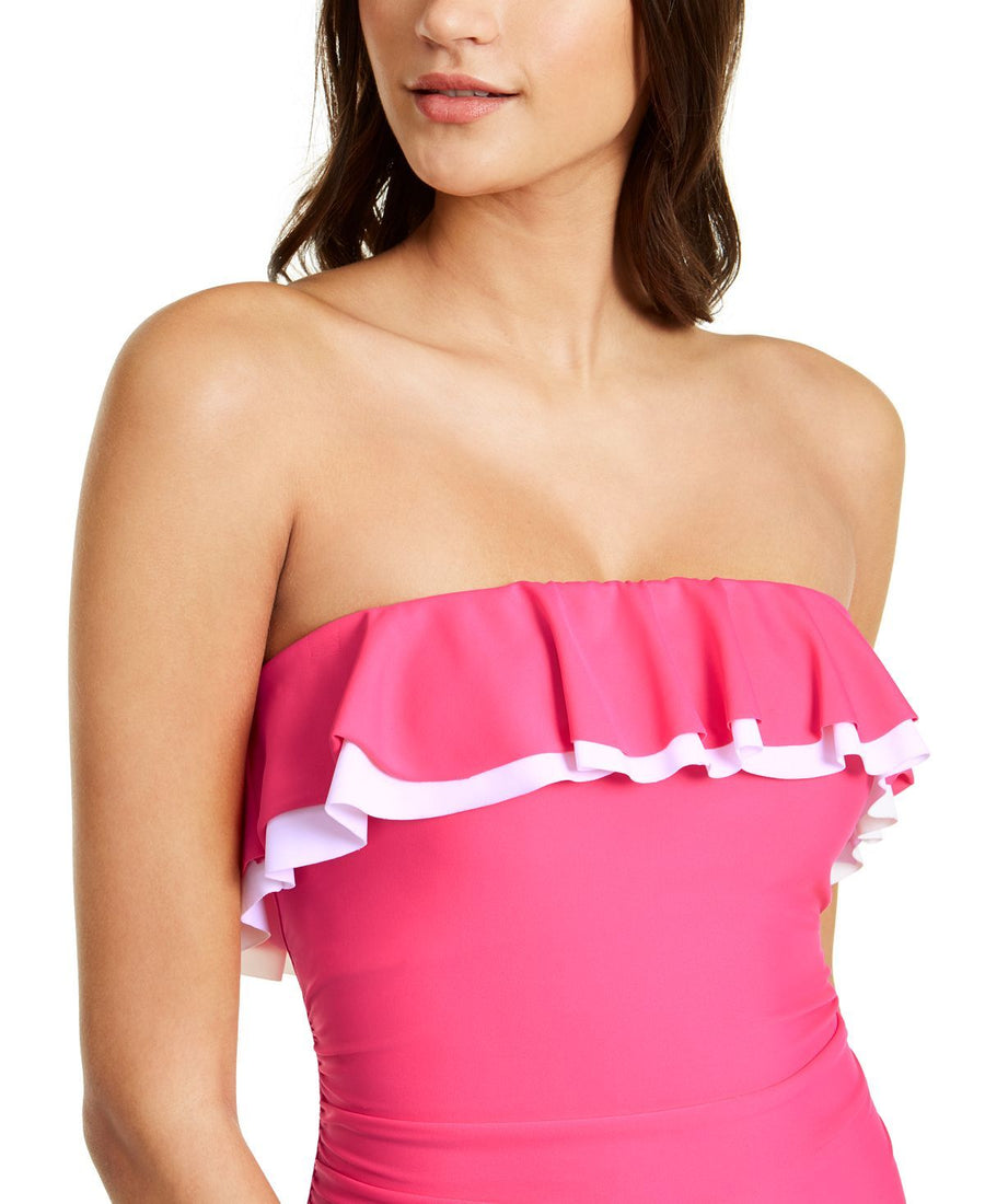 Tommy Hilfiger Solid Ruffle Strapless One-piece Swimsuit Pink