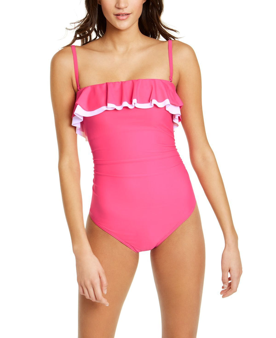 Tommy Hilfiger Solid Ruffle Strapless One-piece Swimsuit Pink