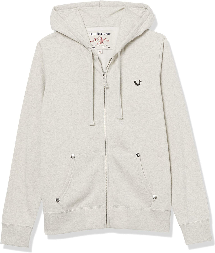 True Religion Men's Classic Logo Long Sleeve Zip Up Hoodie, Oatmeal