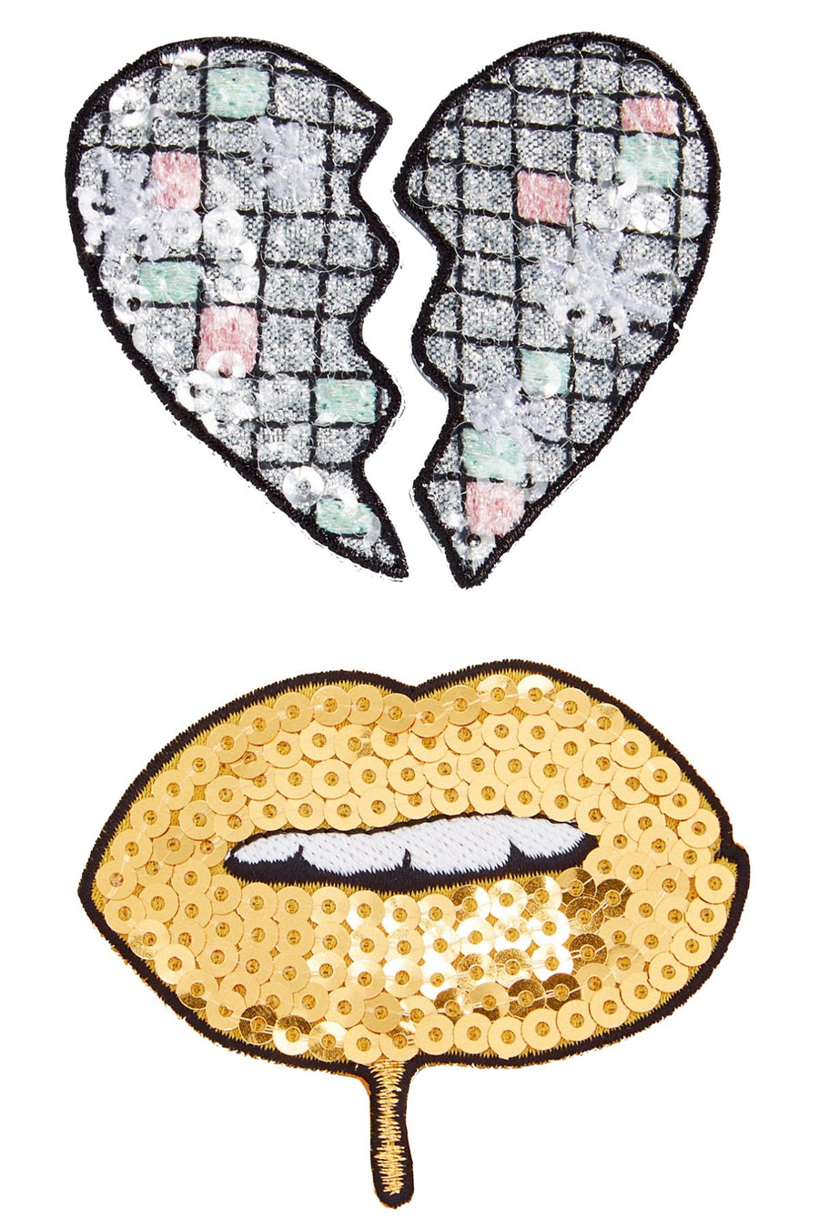TwelveNYC Gold/Silver Drip-Lip/Broken-Heart 2-Pc Sequined Adhesive Patches