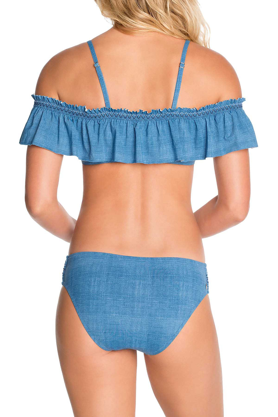 Vera Bradley Blue Chambray & Chardonnay Off-The-Shoulder Flounce Bikini Top