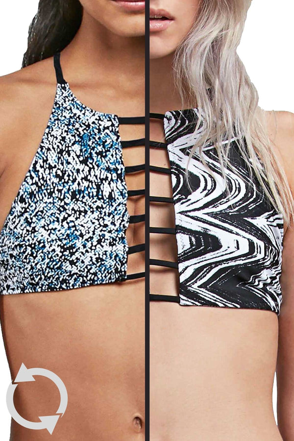 Volcom Black/White Stay Tuned Printed Reversible High Neck Crop Bikini Top