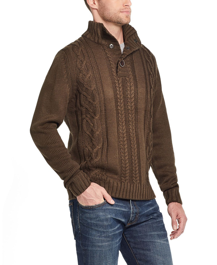 Weatherproof Vintage Military Button Mock Turtleneck Sweater Military Green