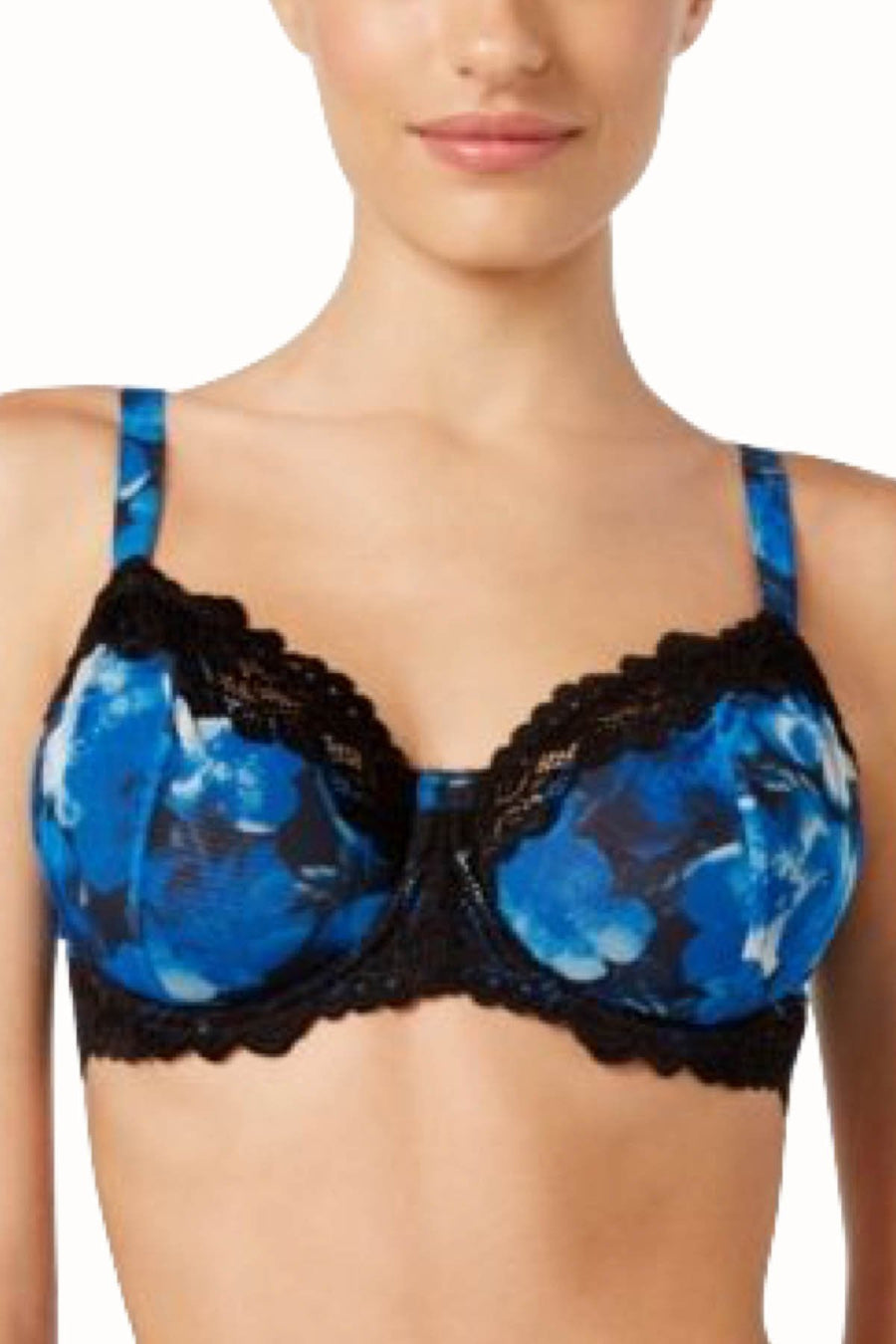 Whimsy by Lunaire Blue/Watercolor-Floral Barbados Lace-trim Mesh Full-figure Demi Bra