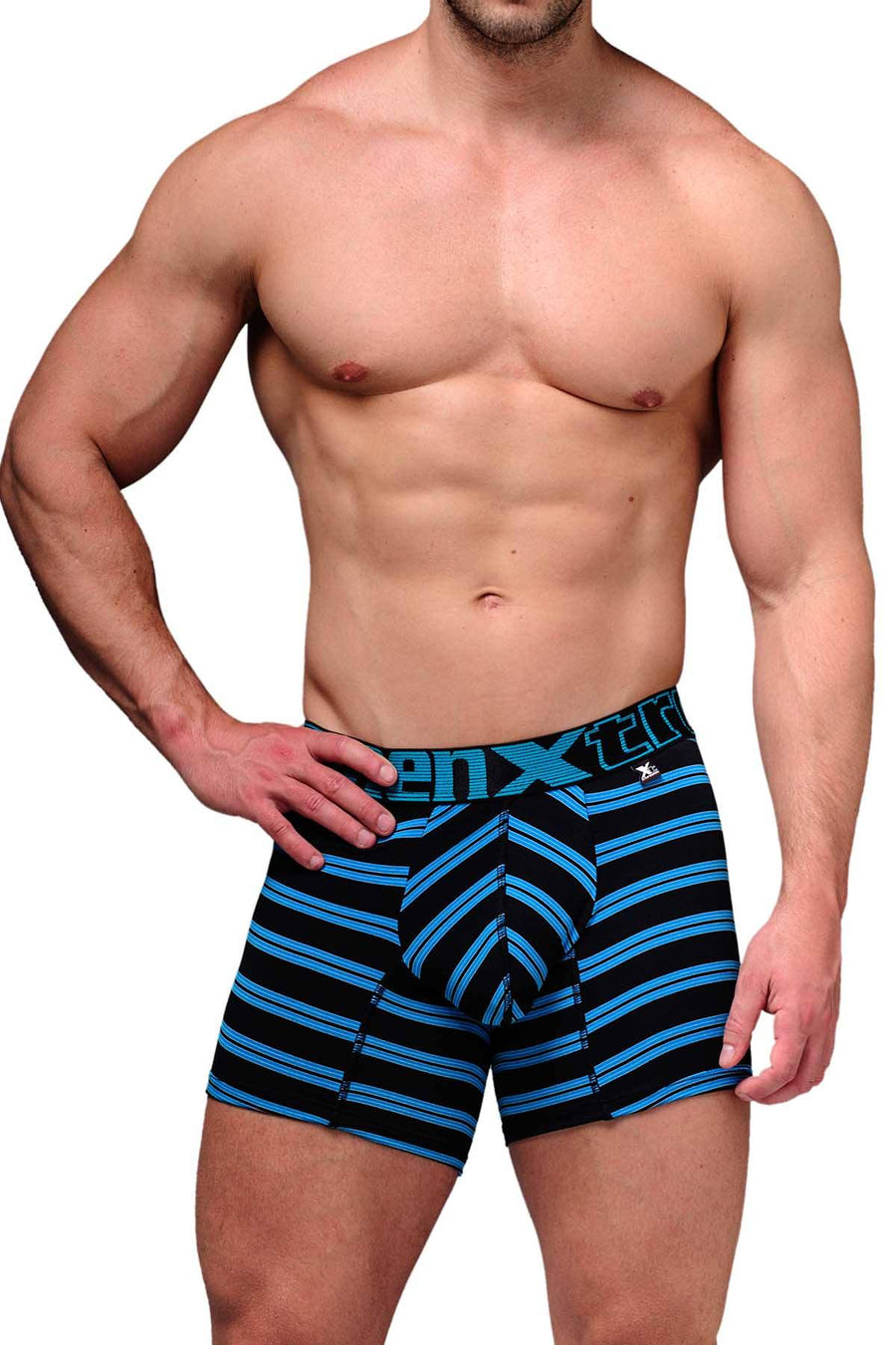 XTREMEN Black/Blue-Striped Microfiber Boxer Brief