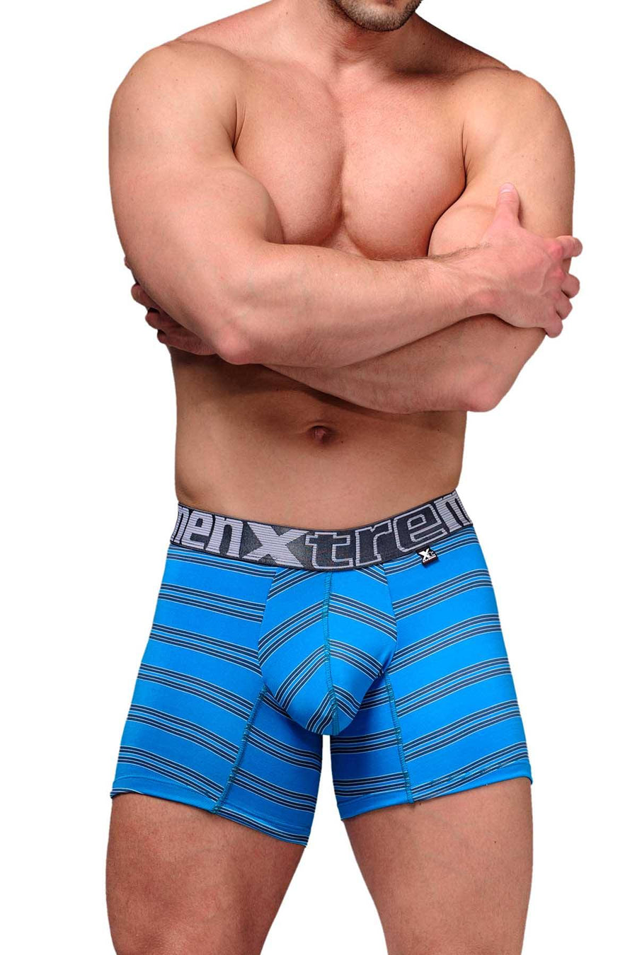XTREMEN Blue/Grey-Striped Microfiber Boxer Brief