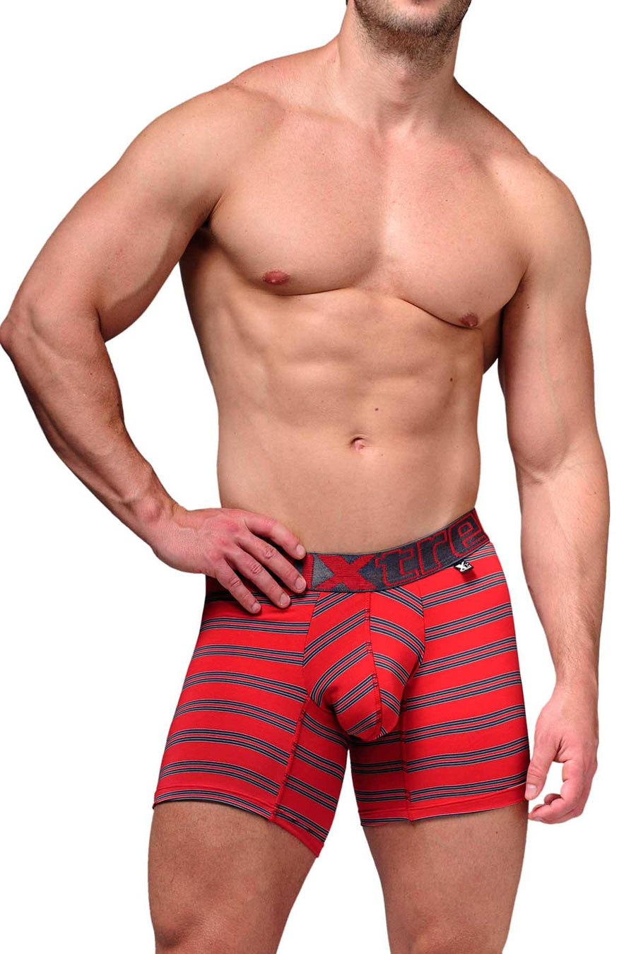 XTREMEN Red/Grey-Striped Microfiber Boxer Brief