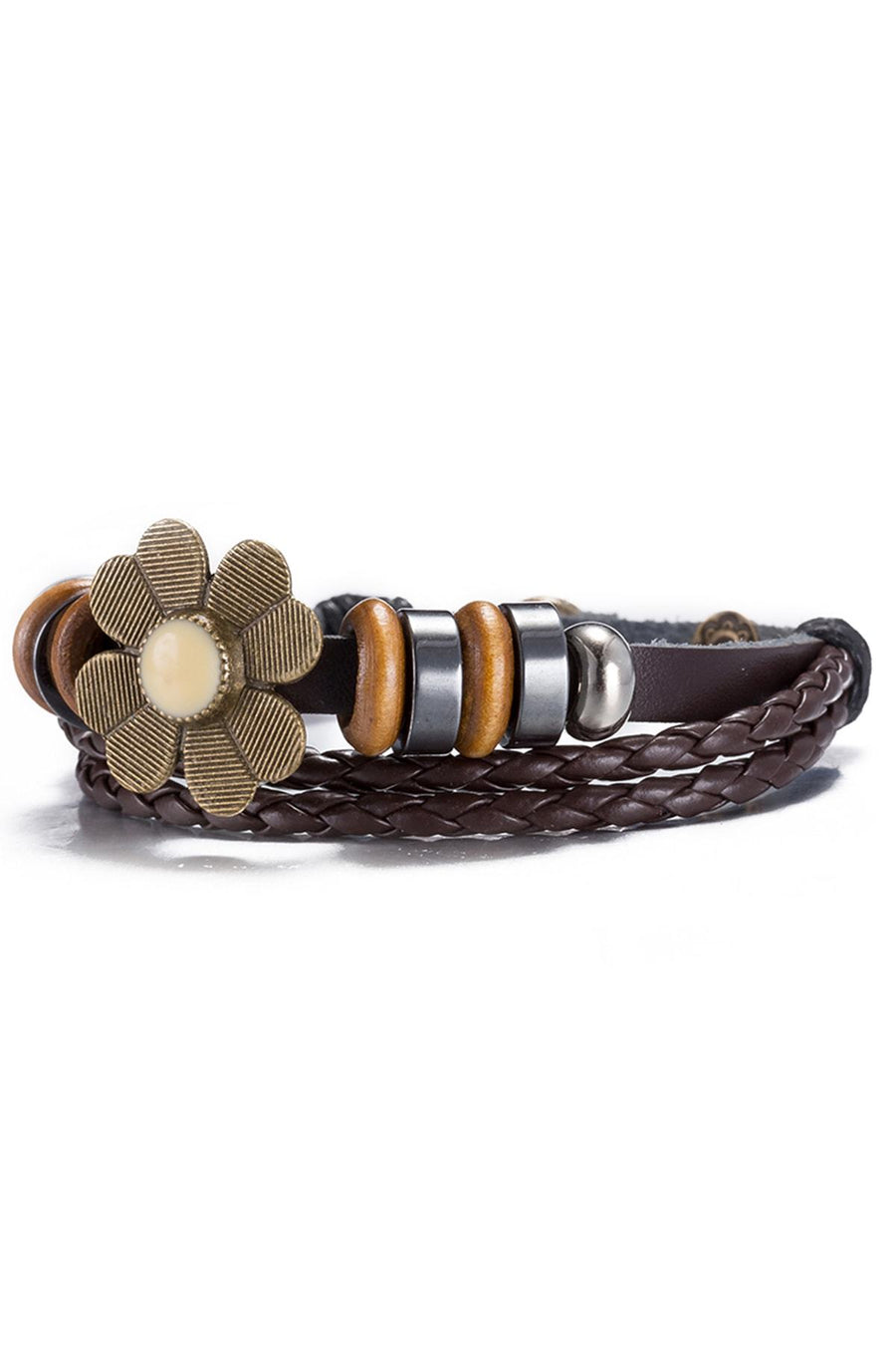 Brown Leather Infinity Flower Bracelet
