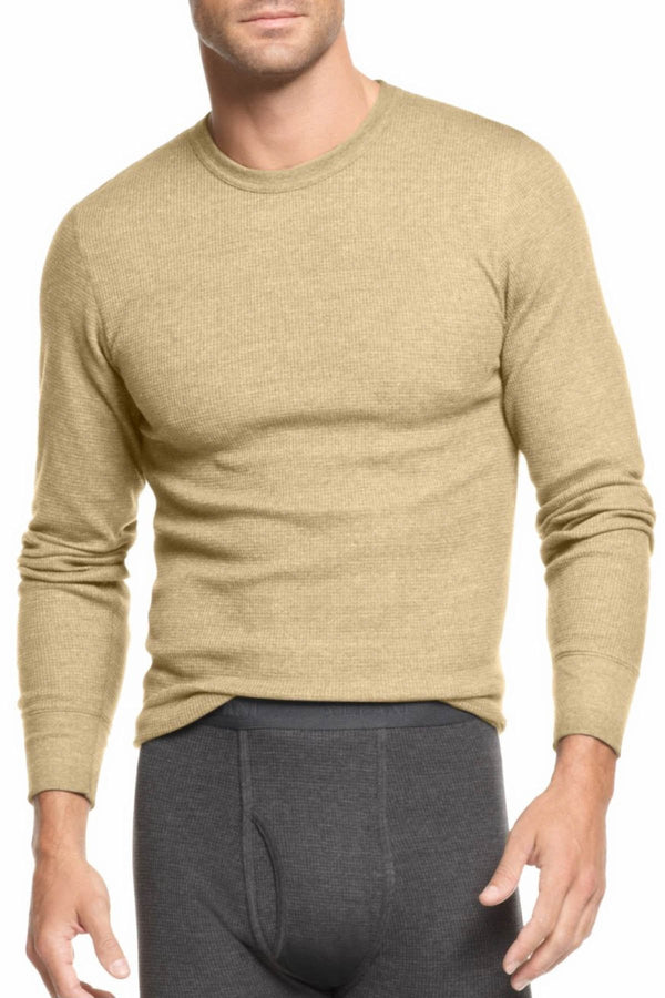 Alfani Oatmeal Heather Thermal Knit Waffle Crew-Neck Shirt