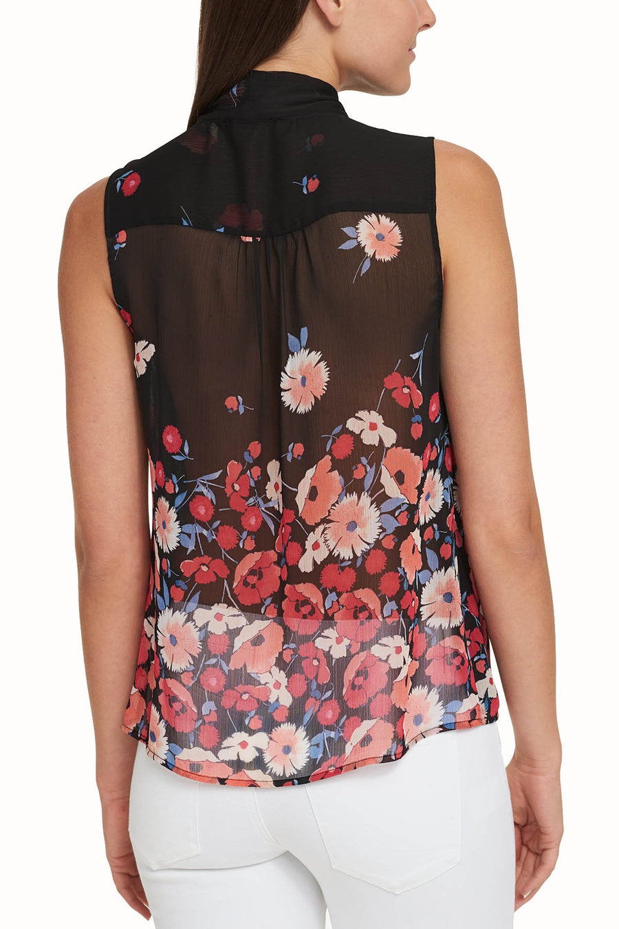 Tommy Hilfiger Black/Floral Sheer Tie-Neck Sleeveless Blouse
