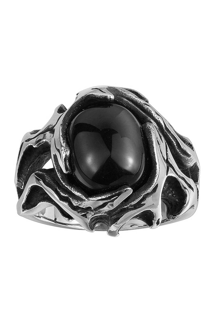 Gomaya Retro Black Onyx Hollow Stainless Steel Ring