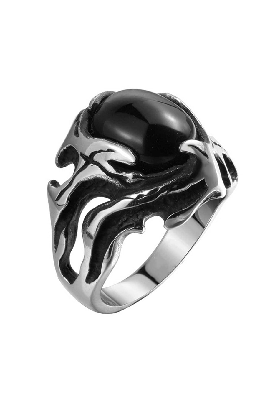 Gomaya Retro Black Onyx Hollow Stainless Steel Ring