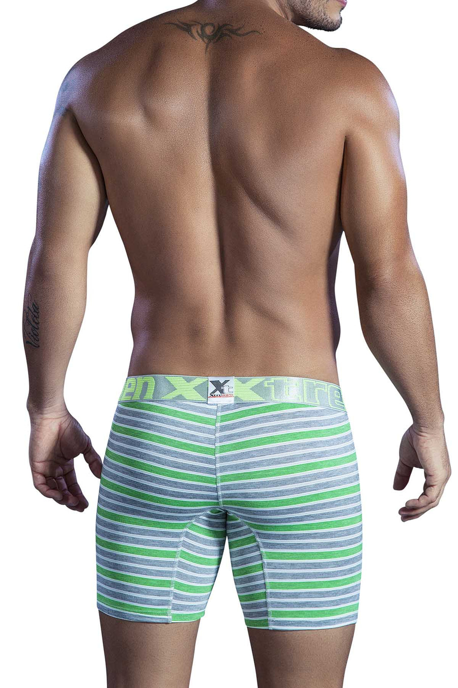 XTREMEN Green/Heather-Grey Stripe Poly-Cotton Boxer Brief