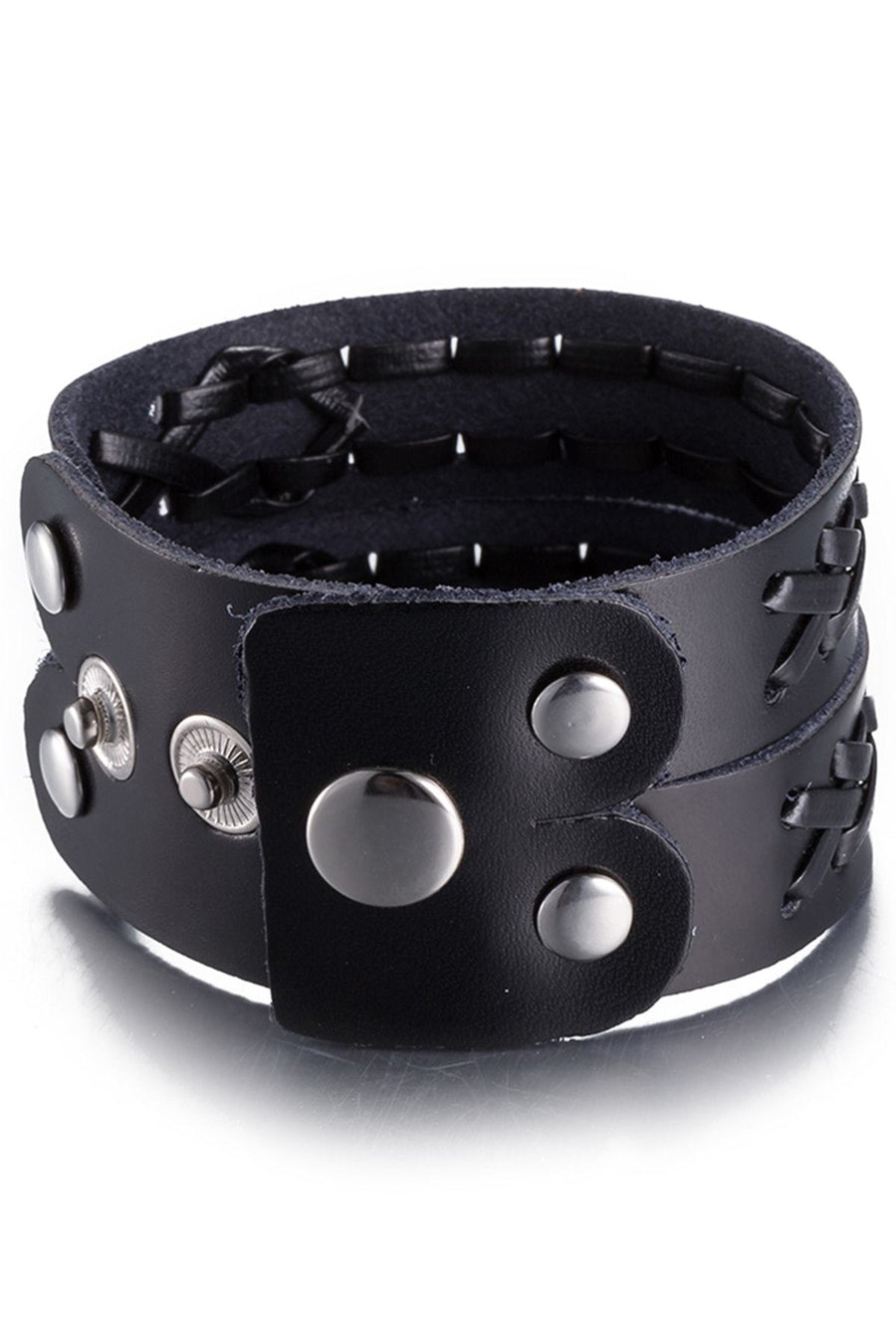 Black Leather Bradded Wrapped Bracelet