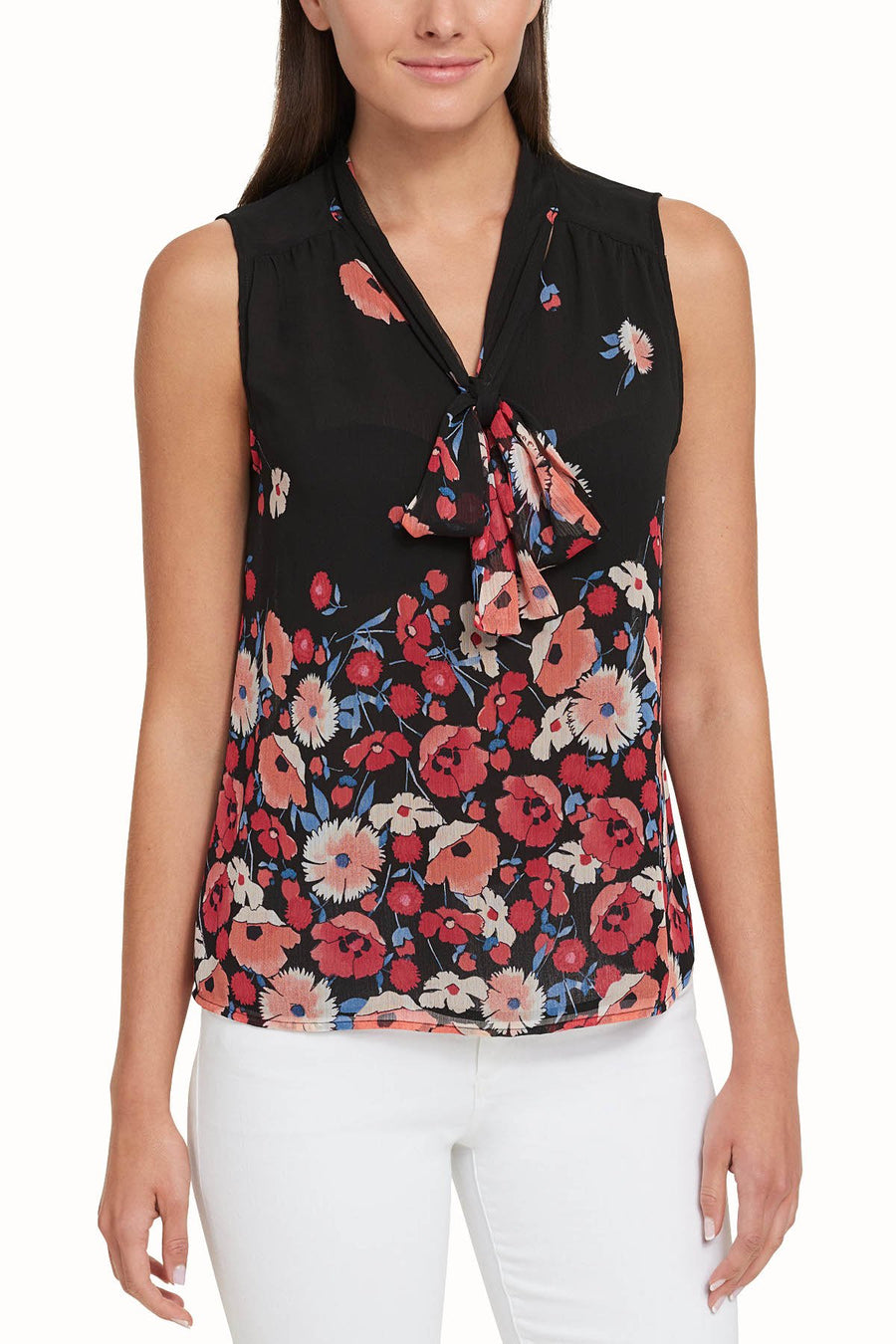 Tommy Hilfiger Black/Floral Sheer Tie-Neck Sleeveless Blouse